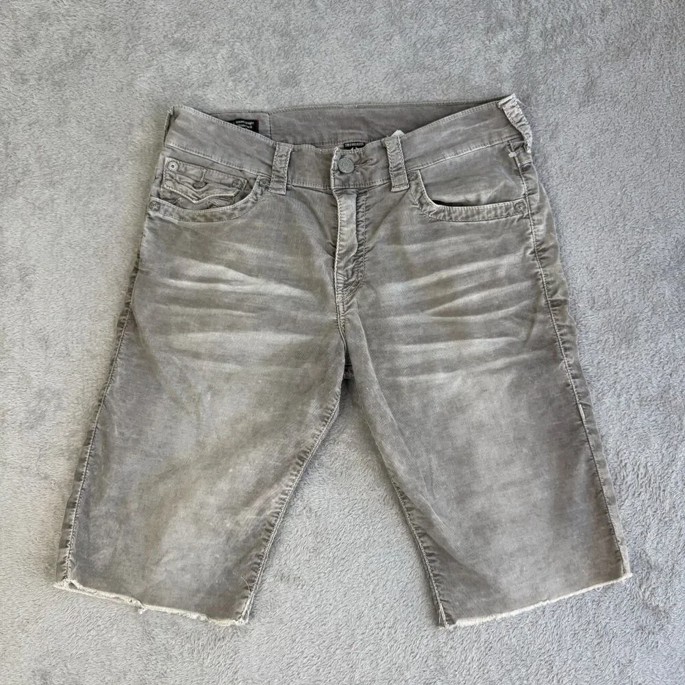 True Religion Ricky Cut Off Shorts Men's 31 Gray Corduroy Relaxed Fit Whiskered